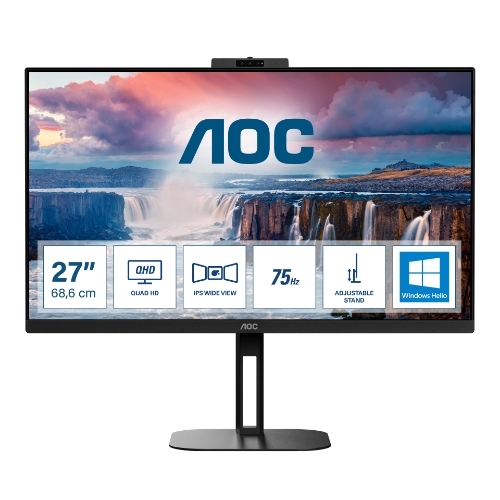 Monitor Aoc LED 27" Wide Q27V5CW/BK IPS 2560x1440 4ms 300cd/mq 20.000.000:1 2x5W mm Webcam Pivot Reg.h HDMI dp Usb-c Docking - Immagine 1
